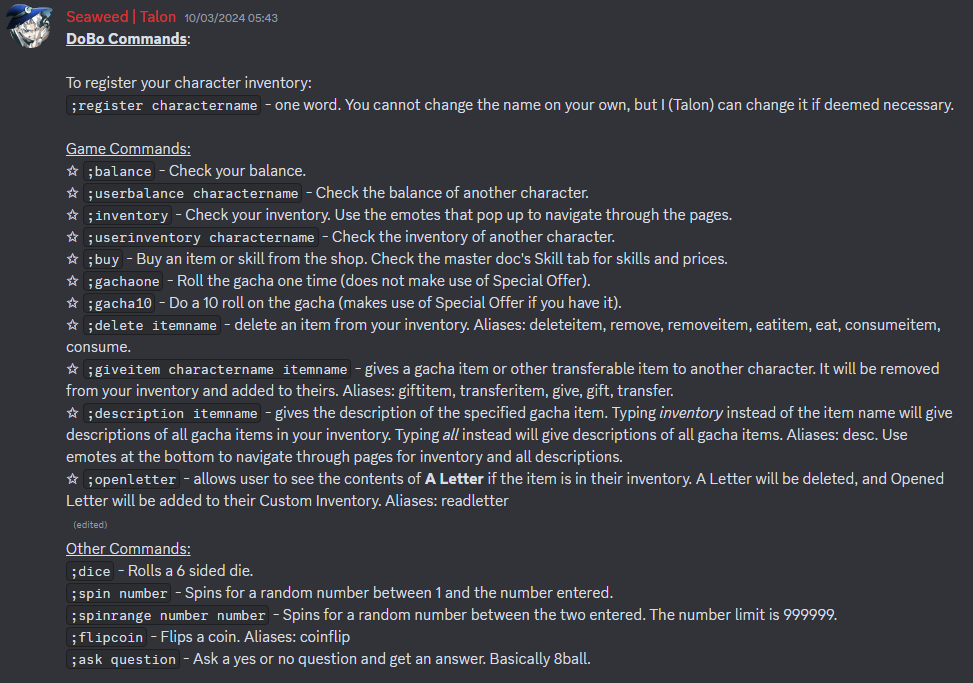 Regular User Commands for the bot.