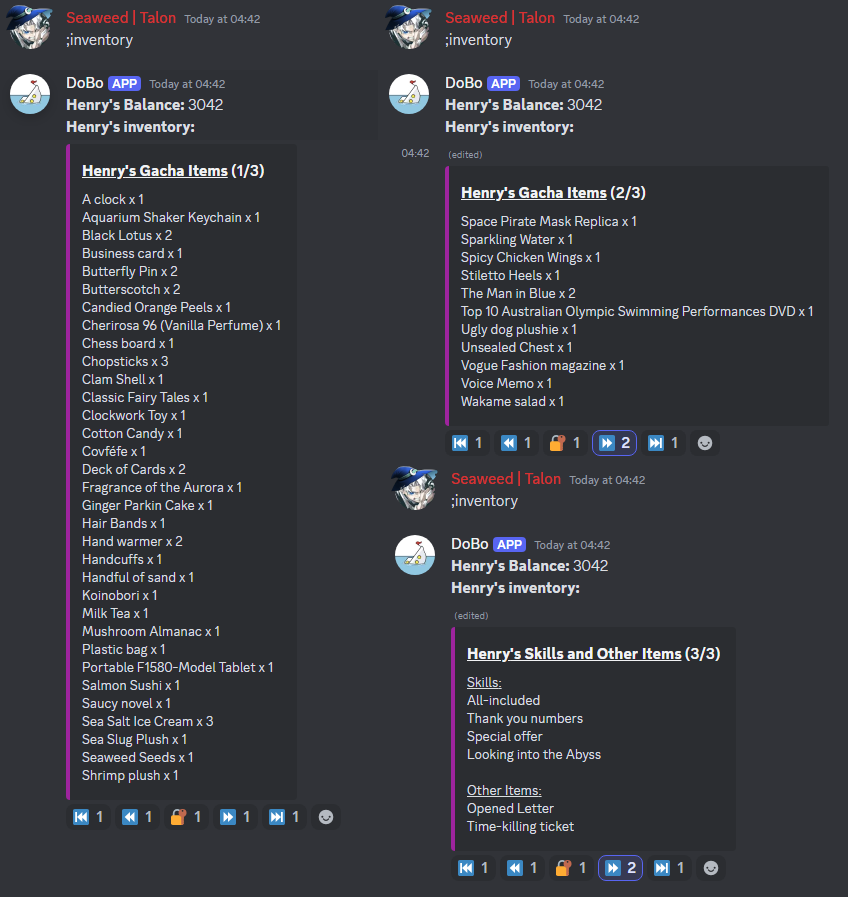 Inventory Command. The final page has skills and non-gacha items listed.