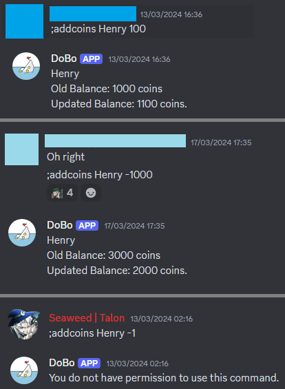 Locked Command: Adding Coins. Only people with specified roles can use the command.