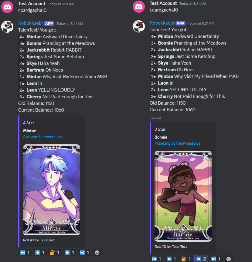 Card Gacha Command. A different version of the bot that had a card gacha showing the card images.
